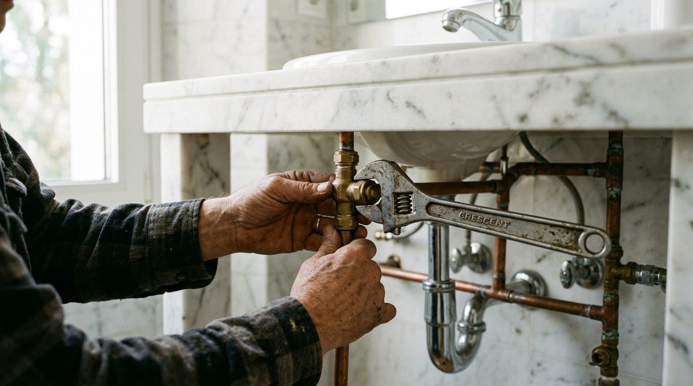 Manos de fontanero apretando un racor de latón bajo un lavabo de mármol